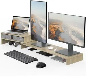 Fenge Computer Monitor Riser Stand with Drawer for 2 or 3 Monitors ,Adjustable Length and Angle Desktop Laptop Stand,Office Organizer,Printer,Oak