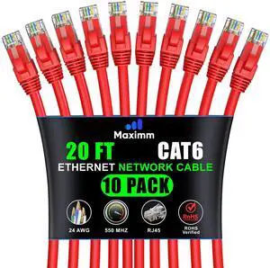 Maximm Cat 6 Ethernet Cable 20 ft (10-Pack) - High-Speed LAN Cable, Internet Cable, Patch Cable, and Network Cable - UTP, 10Gbps, 550MHz Ethernet Cord - Red