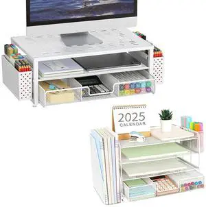 gianotter 4-Tier Paper Letter Tray + Monitor Stand with Storage (White)