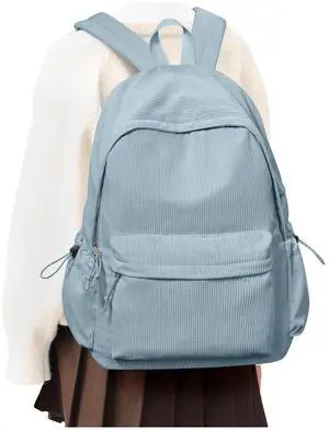 VGOCO School Backpack for Teen Girls Cute Corduroy Bookbag Middle School Student Backpack College Backapcks for Women Aesthetic Preppy Backpacks Casual Work Daypack Rucksack Light Blue