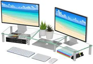 Simple Trending Dual Monitor Stand Riser, Computer Office Desktop Organizer for 2 Monitors with Tempered Glass, Adjustable Length and Angle Stand for Laptop,Printer,TV