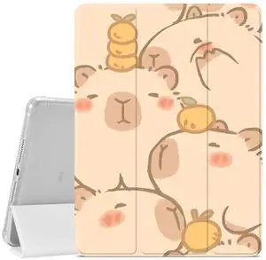 JOYLAND Cute Capybara Pattern Case for iPad (A16) 11th Gen 2025 11-inch/10th Gen 2022 10.9 inch, Pencil Holder & Clear Transparent Soft TPU Back & Trifold Smart Pad White Cover for Girls Women