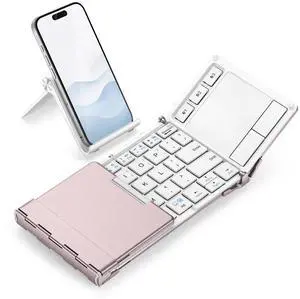 iClever Bluetooth Keyboard with Touchpad, Foldable Keyboard, Metal Body, Gesture Support, USB-C Charge, Pocket-Size Wireless for Travel, iPad, iPhone, Android, Windows, Pink White