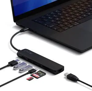 Satechi 7 in 1 USB C Hub Multiport Adapter with 4K HDMI, 100W PD Charging, 2X USB-A Data Ports, Micro/SD Card Readers, Ethernet, for MacBook, Windows - Black