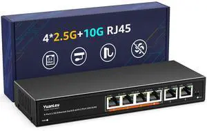 6 Port 10G Ethernet Switch Unmanaged, 4 x 2.5G Base-T Ports, 2 x 10Gb RJ45 Ports, Compatible with 100/1000/2500Mbps, Metal Fanless, VLAN, YuanLey 2.5Gbe Network Switch for 2.5G/10G NAS, Wireless AP