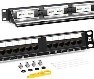 AMPCOM Premium Series CAT5/5e 24 Ports Patch Panel, Rack Mount - 1U, 19 inch, RJ45 Ethernet 568A 568B, 15u Gold Plated, with Rear Cable Support Bar