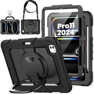 Case for iPad Pro 11 Inch 2024 M4: ZSLVPN Heavy Duty Shockproof Protective Case for iPad Pro 11 5th Generation with Screen Protector - Pencil Holder - Rotating Handle/Stand - Shoulder Strap, Black