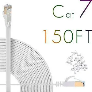 Cat7 Ethernet Cable 150ft Flat High Speed Shielded (STP) Solid Computer Network Cord with Snagless Rj45 Connectors Slim Durable Internet LAN Wire for Modem,Router.Faster Than Cat5e/Cat5/cat6(White)