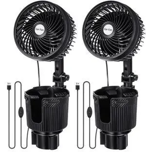 DaisyInner 2 Pcs USB Car Fan with Cup Holder 2 in 1 6 Inch Portable Vehicle Cooling Fan Expander 2 Speeds 360 Degree Rotation Adjustable Base Cup Holder for SUV Rv Truck Sedan Boat Supplies