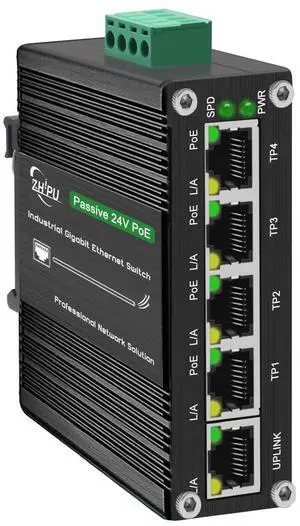 Industrial Passive 24V 5-Port PoE Switch, Mini Unmanaged Gigabit Network Switch, 12-24VDC Input to 24V PoE Output, Support DIN-Rail & Wall-Mount