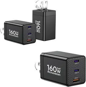 Acxuodzen USB C Charger Block 160W 3 Pack3-Port GaN Super Fast Charger, Dual 65W Type C Charging Block, Foldable QC3.0 Laptop Fast Charging for MacBook, iPhone, Samsung, Galaxy, iPad, Android, Black