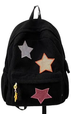 Taolivingmart Corduroy Backpack with Star Pattern, Trendy and Versatile, Fits 14'' Laptop Large Capacity Daily Commute (Black)