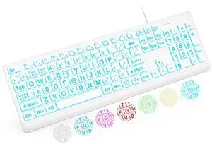 SABLUTE Large Print Backlit Keyboard, Wired USB Lighted Computer Keyboards with 7-Color & 4 Modes Backlit, Oversize Letters Keys Easy to See and Type, Quiet Keyboard Compatible for PC, Laptop (White)