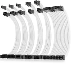 AsiaHorse 16AWG Pro Power Supply Sleeved Cable, White Power Supply Extension Cable Dual EPS Kit, 1x24-PIN/ 2x8-PORT (4+4) M/B,3x8-PORT (6+2) PCI-E, 30cm Length with 2 Set of Combs