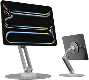 PROSWIFT Magnetic ipad Stand, Foldable Aluminum Alloy Tablet Stand for Desk, 360° Adjustable Rotatable pad Holder, Portable ipad Accessories for Home Office Meeting Room (Gray)