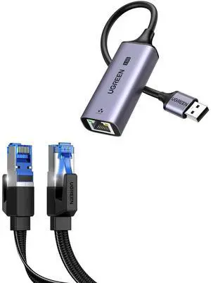 UGREEN Cat 8 Ethernet Cable 3FT Flat High Speed 40Gbps 2000Mhz Internet Cable Bundle with 2.5Gb USB to Ethernet Adapter, Ethernet to USB Adapter for Laptop, Aluminum, USB 3.0 to RJ45 Computer Network