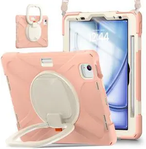 TSQQST Case for iPad Air 11 Inch M3 M2 2025 2024, iPad Air 7th/6th/5th/4th Generation Case 10.9 Inch with Screen Protector, 360° Rotating Handle Grip, Pencil Holder, Adjustable Shoulder Strap, Gold