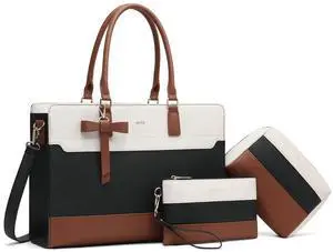 Keyli 3pc Sets Laptop Bag Work Bags for Women,15.6 Inch Laptop Tote Bag Purses Waterproof Vegan Leather Computer Briefcase Professional Business Shoulder Handbags for Teacher Office Travel White Brown