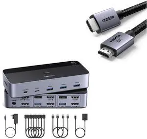 UGREEN HDMI KVM Switch 4K@60Hz Bundle with 8K HDMI 2.1 Cable 48Gbps 6.6FT