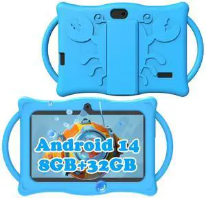 Android 14 Kids Tablet 7 inch Tablets for Kids, 8GB RAM 32GB ROM Quad Core Toddler Tablet with Shockproof Case, Parental Control, WiFi, Bluetooth, 3000mAh Battery, Dual Camera, Educational, Game, Blue
