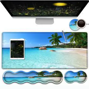 Gaming Mouse Pad,Large Mouse Pad with Stitched Edge,Non-Slip Base Office Desk Pad Ergonomic Keyboard Wrist Rest Set,Waterproof Writing Pad,Beach and Coconut Trees Pattern Extended XXL Desk Mat Set
