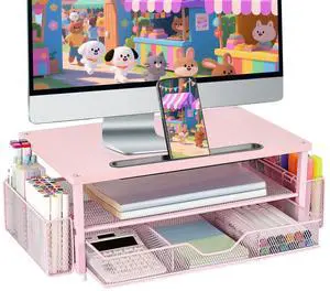 Pink Desk Organizers and Accessories, 2-Tier Wood Computer Monitor Stand with Drawer, Pen Storage & Tablet Phone Holder, Office Desk Accessories, Workspace Desktop Organization for Office Supplies