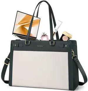 RAINSMORE Laptop Bag for Women 15.6 Inch PU Vegan Leather Work Tote Bag Waterproof Womens Briefcase Designer Computer Bag for Office Teacher College Travel Large Tote Purse Professional Purple & Beige