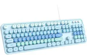 MOFII Large Print Keyboard, USB Wired Computer Keyboard, Full Size Round Key Retro Typewriter Keyboard for Laptop PC Windows- Pale Blue