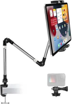Tablet Holder for Desk Clamp 360° Phone iPad Mount, 35" Adjustable Arm Tablet Stand for Bed, Aluminum Flexible Webcam Camera Clip for iPad Pro 12.9 Air Mini, Tabs, Switch, iphone, 4.7-13" Device/Gopro