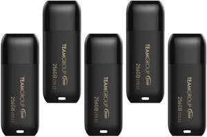 TEAMGROUP C175 256GB 5 Pack USB 3.2 Gen 1 (USB 3.1/3.0) Read 100MB/s Flash Thumb Drive, External Data Storage Memory Stick Compatible with Computer/Laptop Matte Black TC1753256GB21