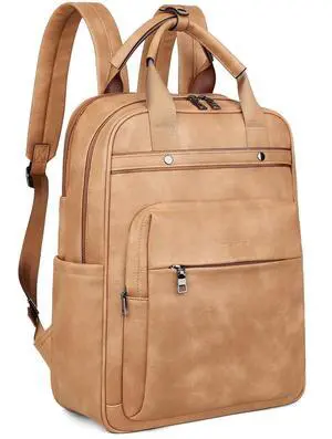 MASINTOR Leather Laptop Backpack for Women, Stylish Computer Backpack College Business Work Shoulder Bags Work and Travel Retro Camel