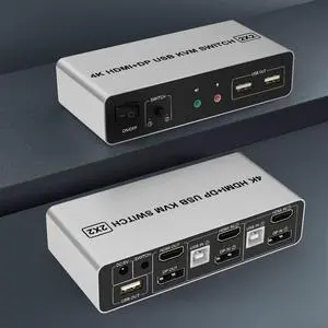 Dual Monitor KVM Switch HDMI + DisplayPort 2 Port, Supports EDID, 4K@60Hz Extended Display KVM Switch 2 Monitors 2 Computers with Audio Microphone Output and 3 USB Ports, PC Monitor KVM Switcher