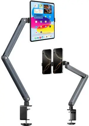 QJYKIONE Foldable Tablet Stand for Desk and Bed, Aluminum Alloy iPad Arm Mount 360° Adjustable Phone Holder Compatible with iPad Pro Air 13/12.9/11 Mini, Samsung Galaxy Tab, Kindle, Switch, Phone