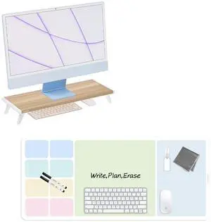 loukin 22.4" x 8.3" Monitor Stand Riser for Desk Natural Wood | 32"x14" Erasable Dry Erase Desk Mat