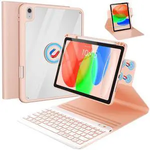 BLUTLOTUS for iPad 11th (A16) 10th Generation Case with Keyboard (2025/2022) - 360° Rotatable Magnetic Folio Cover, 7 Color Backlit Detachable Keyboard with Pencil Holder (Rose Gold)