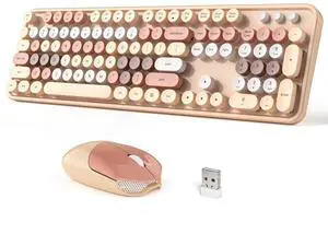 Dilter Wireless Keyboard and Mouse Combo, 104 Keys Full-Sized 2.4 GHz Round Keycap Colorful Keyboards, USB Receiver Plug and Play, for Windows, PC, Laptop, Desktop (Milk Tea)