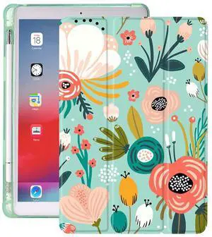 Idocolors Floral Green iPad Case - 7th/8th/9th Generation, 10.2 Inch (2019/2020/2021) - Anti-Scratch, Shockproof, Pencil Holder, Lightweight, Trifold Stand, Flower Pattern