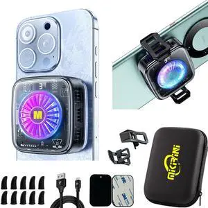 15 in 1 Magnetic Phone Cooler Pro w/RGB LEDs, Detachable Grip, Thermostatic Cooling Fan for iPhone MagSafe/Android/iPad -Gaming/Streaming/Photography (Black Frame)