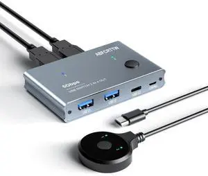 USB 3.0 Switch 2 in 4 Out with Desktop Controller, Aluminum USB Switch for 2 Computers with 1xUSB C Port and 3xUSB A Ports, 2 USB A to A Cables for Mouse, Keyboard, Printer, Webcam, U-Disk