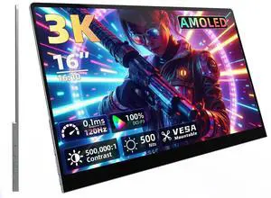 OLED Portable Monitor with Speakers, 16'' 3K 2880x1800 120Hz 0.1ms Response, 500000:1 Contrast 500 Nits HDR, VESA Kickstand, USB-C/HDMI Display for Laptop Mac mini PC MacBook Xbox PS5 Phone Switch
