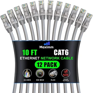 Maximm Cat6 Ethernet Cable 10 Ft, 10 Gbps 550 MHz, Gray, 12 Pack Maximm Cat6 Ethernet Cable 10 Ft, 10 Gbps 550 MHz, Gray, 12 Pack