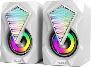 NJSJ Computer Speakers for Desktop, USB-Powered Stereo 2.0 PC Speakers, Portable Small Speaker for Laptop Monitor with 3.5mm Aux Input, Colorful LED Lights - White NJSJ Computer Speakers for Desktop, USB-Powered Stereo 2.0 PC Speakers, Portable Small Speaker for Laptop Monitor with 3.5mm Aux Input, Colorful LED Lights - White