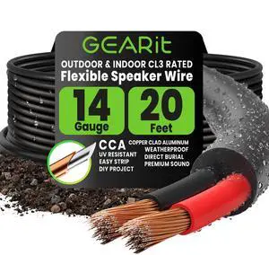 GEARit 14 Gauge Speaker Wire Cable,14 Gauge Wire CL3 Rated 20ft,Audio Cable with Red/Black Color Coded,Outdoor Speaker Wires for Home,Car,Outdoor,Patio,Garden,in-Wall,Backyard,CCA(Black,2-Conductors) GEARit 14 Gauge Speaker Wire Cable,14 Gauge Wire CL3 Rated 20ft,Audio Cable with Red/Black Color Coded,Outdoor Speaker Wires for Home,Car,Outdoor,Patio,Garden,in-Wall,Backyard,CCA(Black,2-Conductors)