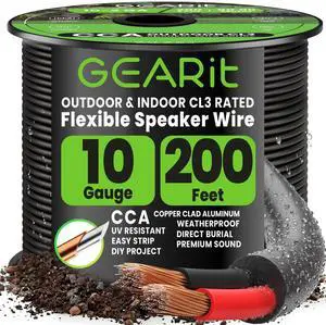 GEARit 10 Gauge Speaker Wire Cable,10 Gauge Wire CL3 Rated 200ft,Audio Cable with Red/Black Color Coded,Outdoor Speaker Wires for Home,Car,Outdoor,Patio,Garden,In-Wall,Backyard,CCA(Black,2-Conductors) GEARit 10 Gauge Speaker Wire Cable,10 Gauge Wire CL3 Rated 200ft,Audio Cable with Red/Black Color Coded,Outdoor Speaker Wires for Home,Car,Outdoor,Patio,Garden,In-Wall,Backyard,CCA(Black,2-Conductors)