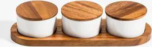 Kalmar Home Ceramic Condiment Set on Acacia Wood Base - White Bowls
