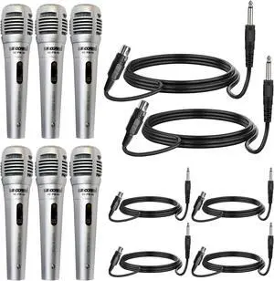 5 CORE 6 Pieces Vocal Dynamic Cardioid Handheld Microphone Unidirectional Mic with 2 X 5ft Detachable XLR Cable to ¼ inch Audio Jack and On/Off Switch for Karaoke Singing (Silver) PM -66k 3 pair
