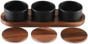 Kalmar Home Ceramic Condiment Set on Acacia Wood Base - Black Bowls