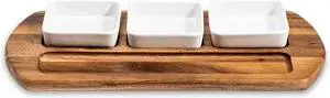 Kalmar Home Charcuterie / Serving Tray with 3 Square Ceramic White Bowls