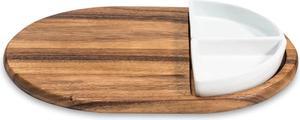 Kalmar Home Charcuterie / Serving Tray with 2 Triangular Ceramic White Bowls