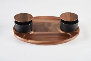 Kalmar Home Charcuterie / Serving Tray with 2 Ceramic Black Bowls and Lids